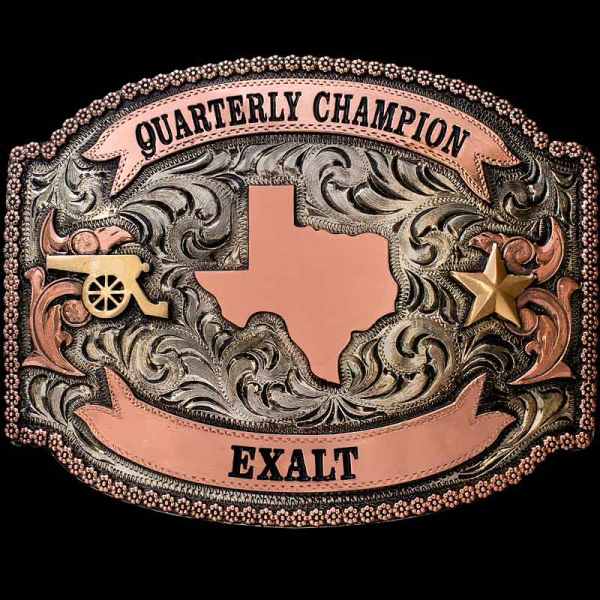 Show off your Texas Pride with the Rio Grande Custom Buckle! Crafted on a hand engraved, German Silver base with our signature antique finish. Detailed with a berry edge, copper scrolls, banners and Jewler's Bronze elements. 

Customize it with your fig